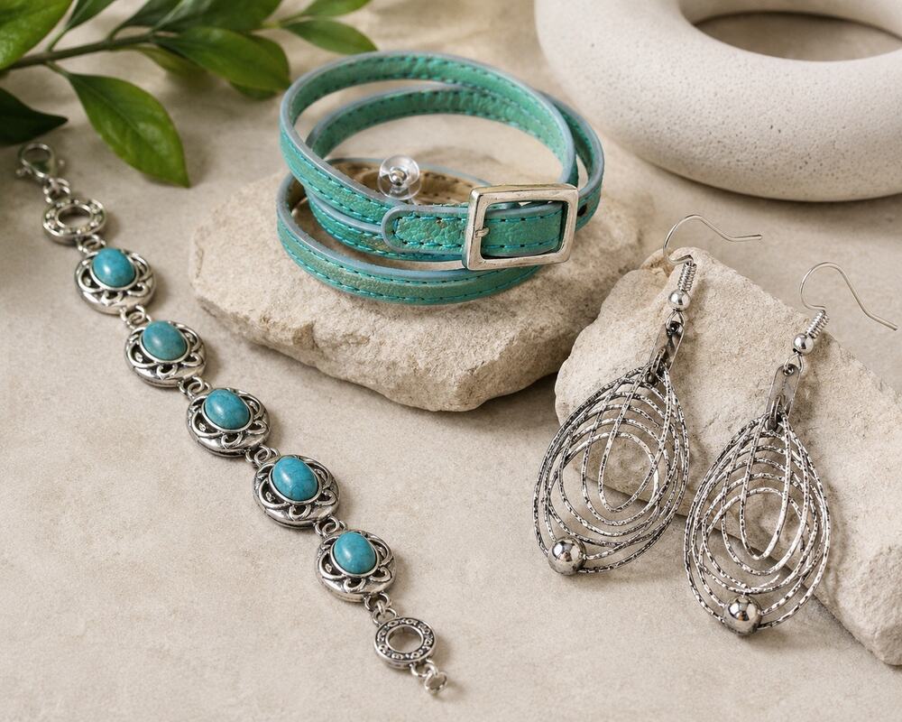 3 pc Silver turquoise bracelet, Silver Textured earrings and Faux Leather wrap